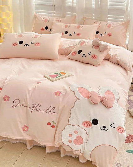 Charming 100% Cotton Pink Rabbit Applique Bedding Set - Duvet Cover, Fitted Sheet, Bed Skirt, and Pillowcases