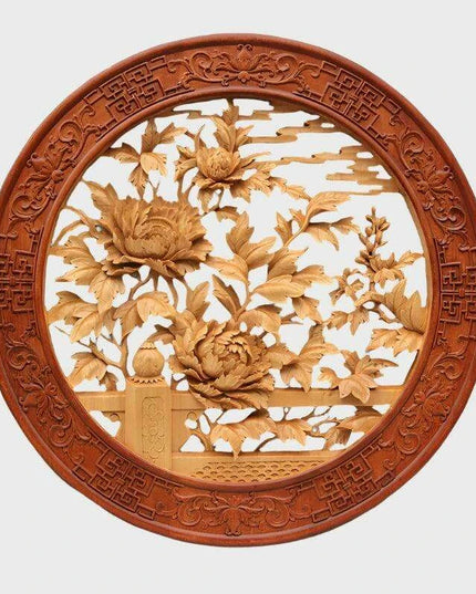 Exquisite Handcrafted Chinese Peony Wood Pendant
