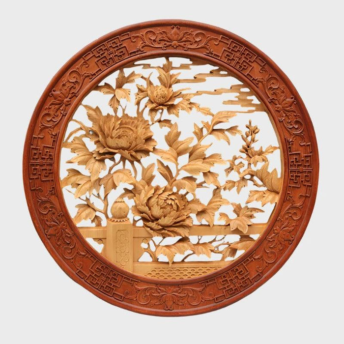 Exquisite Handcrafted Chinese Peony Wood Pendant