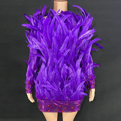 Enchanting Purple Feather Backless Sheath Mini Dress for Nightclub Performances