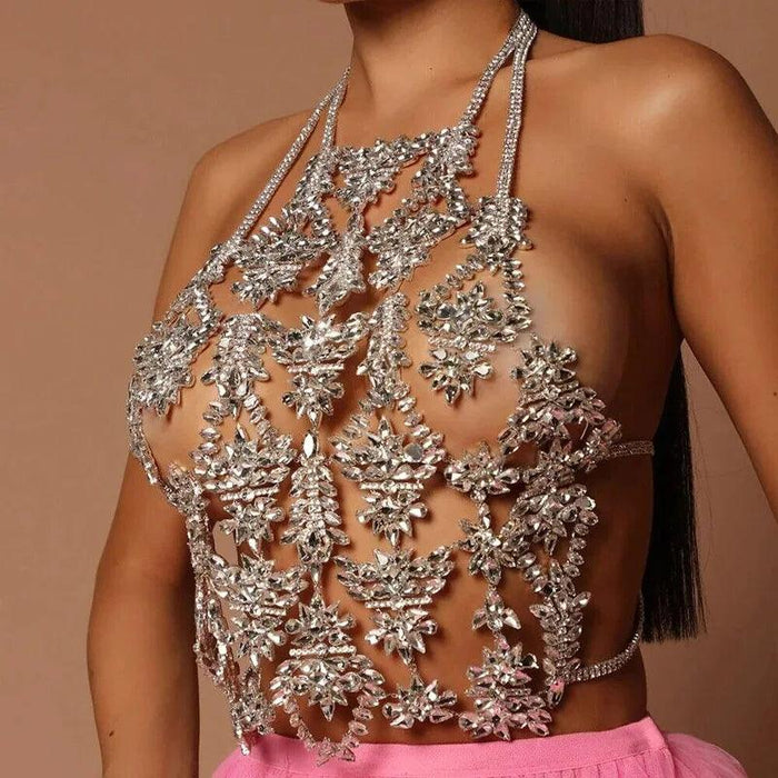 Sparkling Rhinestone Bralette Top with Elegant Geometric Body Chain