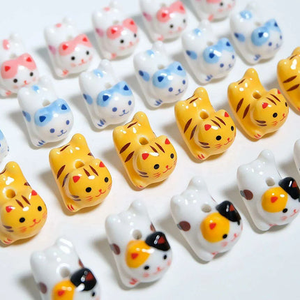 Charming Anime-Inspired Lucky Cat Ceramic Beads for Creative Jewelry Projects - 15x21mm Porcelain Essentials with Vertical Hole