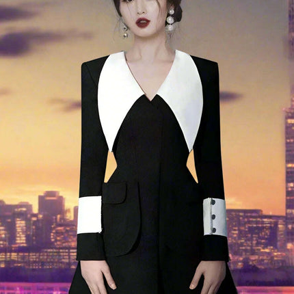 A-Line Summer Office Dress with Stylish Lapels and Functional Pockets