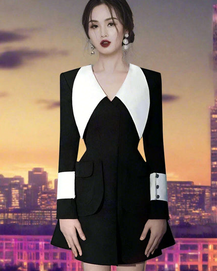 A-Line Summer Office Dress with Stylish Lapels and Functional Pockets