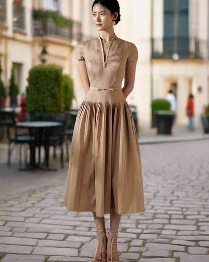 V-neck Bowknot High-Waisted Pleated A-line Evening Dress for Women