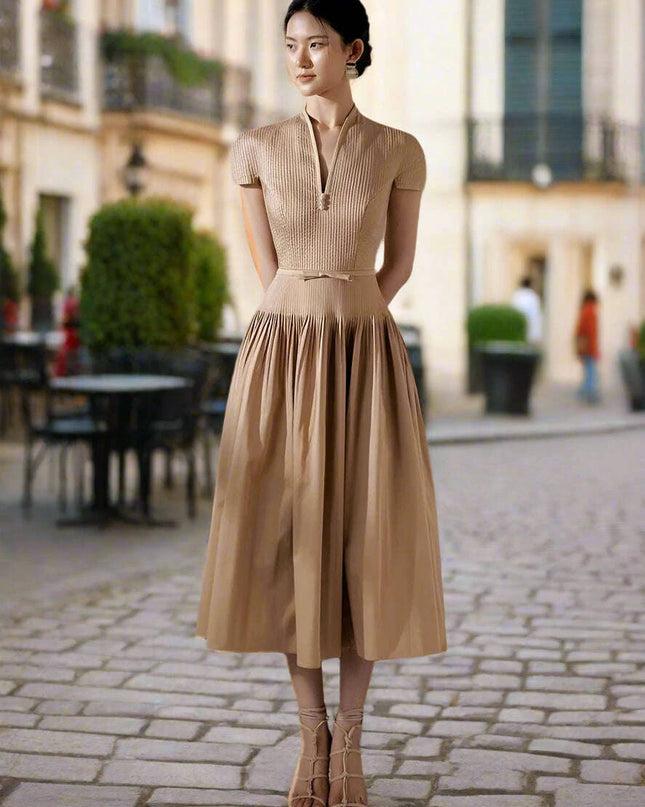 V-neck Bowknot High-Waisted Pleated A-line Evening Dress for Women