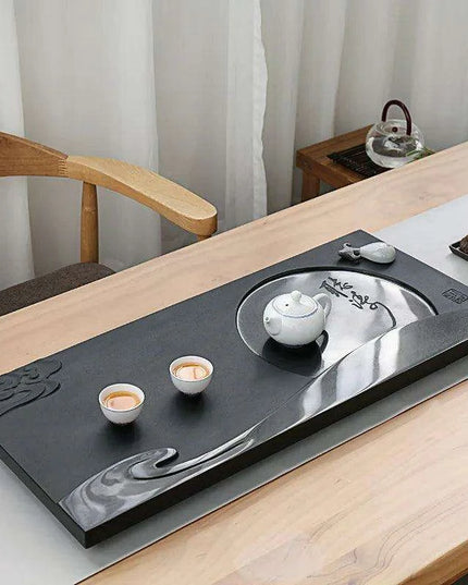 Moon Cloud Engraved Black Stone Tea Tray with Integrated Water Drainage for Kungfu Tea Ceremony