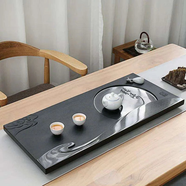 Moon Cloud Engraved Black Stone Tea Tray with Integrated Water Drainage for Kungfu Tea Ceremony