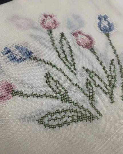 Tulip Elegance Cross-Stitch Table Runner - Exquisite Floral Embroidery - Natural Rustic Appeal - 72" - Perfect for Home, Airbnb, Hotel