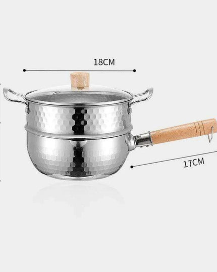Japanese Stainless Steel Snow Pan with Ergonomic Wooden Handle and Lid - Perfect for Stewing, Frying, and Milk Heating