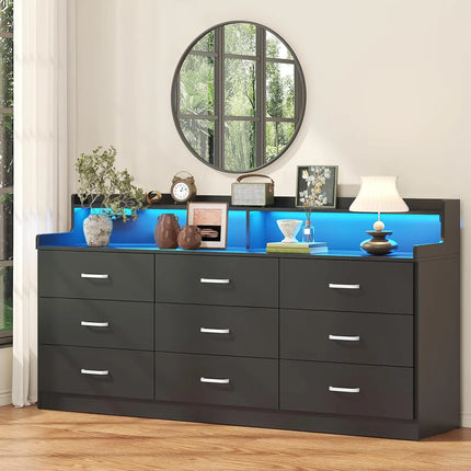 Housoul 9 Drawer Dresser with Power Outlet & LED Light, Modern Design
