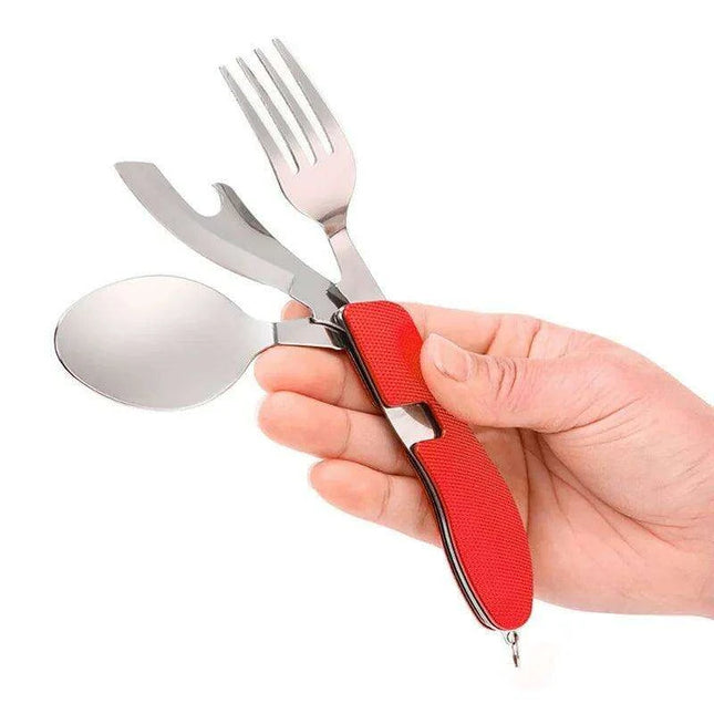 Multi-Functional Outdoor Dining Utensil Set: Fork, Spoon, Knife & Bottle Opener for Campers and Hikers