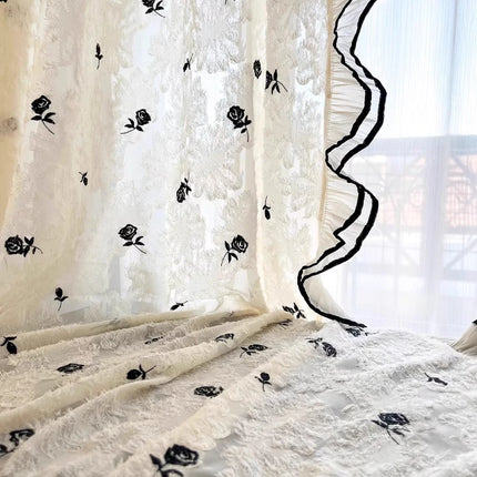 Black Rose Lace Sheer Curtain — French Romantic, 2 Patterns, 6 Sizes, 4 Headings