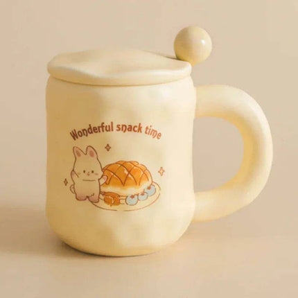Whimsical Korean Cartoon Ceramic Mug Set with Lid and Spoon - Playful Drinkware Delight