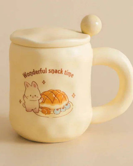 Whimsical Korean Cartoon Ceramic Mug Set with Lid and Spoon - Playful Drinkware Delight