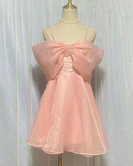 Elegant Pearl-Accented A-Line Mini Dress with Sheer Gauze Details - Women's 2024 Summer Celebration Attire