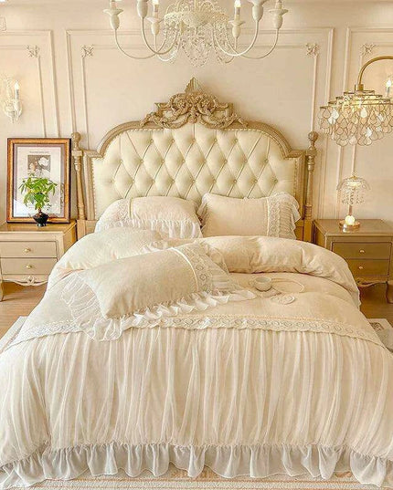 Luxury Velvet Fleece Princess Bedding Set with Elegant Lace Ruffles, Cozy Duvet Cover, Sheets, and Pillowcases