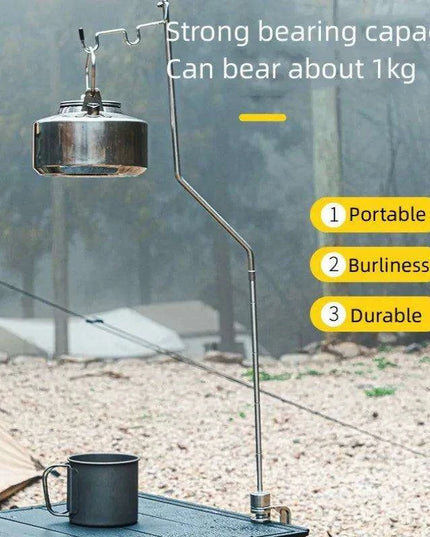 Multi-Functional Stainless Steel Camping Gear Organizer with Built-in Light Stand and Storage Solutions