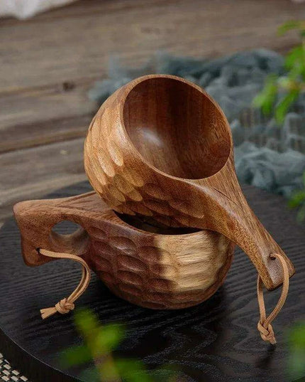Rustic Acacia Wood Outdoor Mug - Elegant Camping Coffee & Milk Cup with Practical Rope Handle