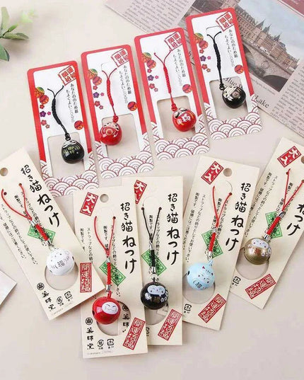 Lucky Cat Keychain with Prosperity Bells - Japanese Charm for Wealth and Good Fortune