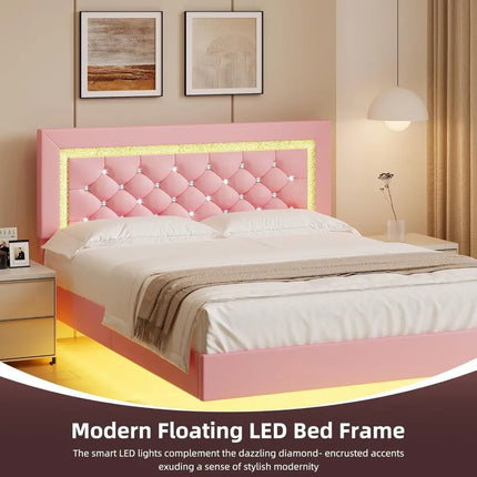 Full Floating Bed Frame with LED Lights, Pink Upholstered Diamond Headboard, No Box Spring Needed, Noise Free, Easy Assembly full-floating-bed-frame-with-led-lights-pink-upholstered-diamond-headboard-no-box-spring-needed-noise-free-easy-assembly