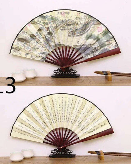 Vintage Silk Folding Fan with Bamboo Handle - Stunning Handheld Accessory for Celebrations and Home Sophistication