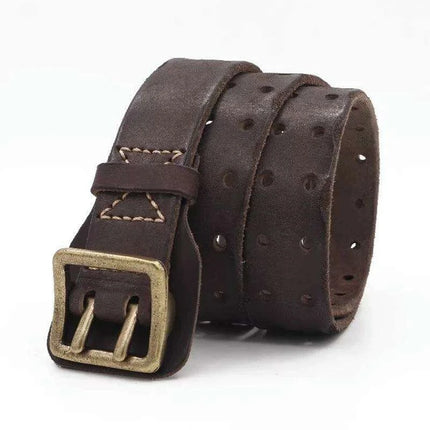 Vintage Double-Needle Buckle Men's Genuine Leather Tactical Belt – Rugged Denim Style