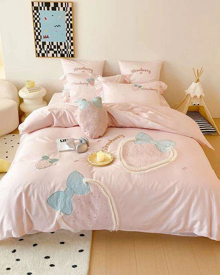 Charming Pink 1000TC Egyptian Cotton Strawberry Embroidery Bedding Set with Duvet Cover, Bed Sheet, and Pillowcases - Available in 4/5 Piece Variants