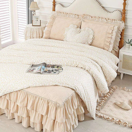 Elegant Leopard Print Ruffled Cotton Bedding Set - 4-Piece Korean-Inspired Duvet Collection with Bed Skirt