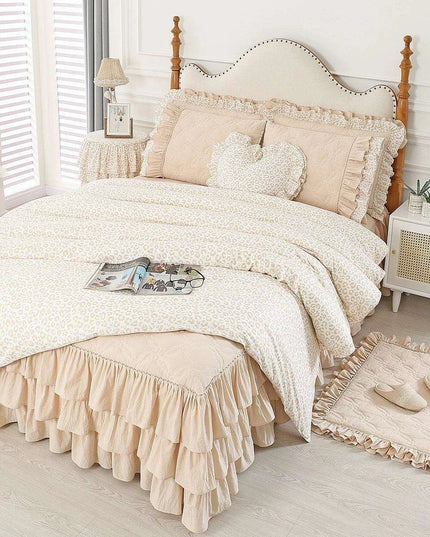 Elegant Leopard Print Ruffled Cotton Bedding Set - 4-Piece Korean-Inspired Duvet Collection with Bed Skirt
