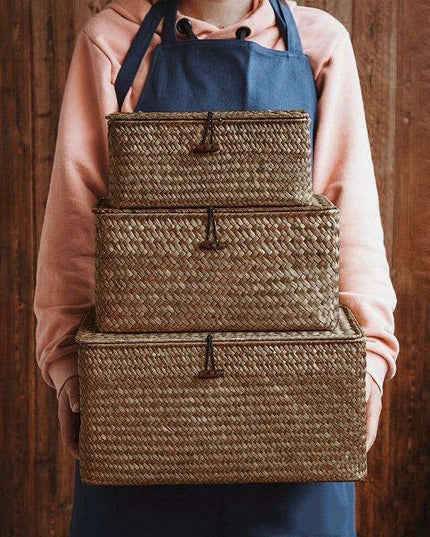 Woven Seagrass Storage Basket with Lid - Elegant and Functional Home Organizer