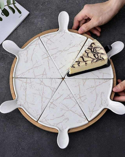 Elegant Stone-Textured Ceramic Cake Serving Set with Bamboo Tray