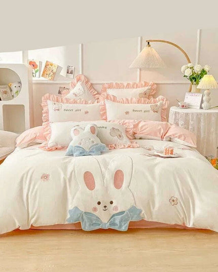 Charming Rabbit Applique Washed Cotton Bedding Set for Girls