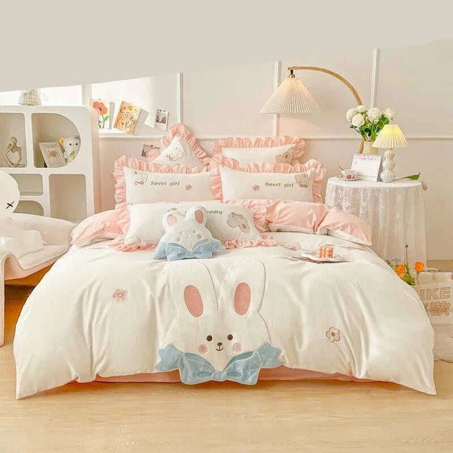 Charming Rabbit Applique Washed Cotton Bedding Set for Girls