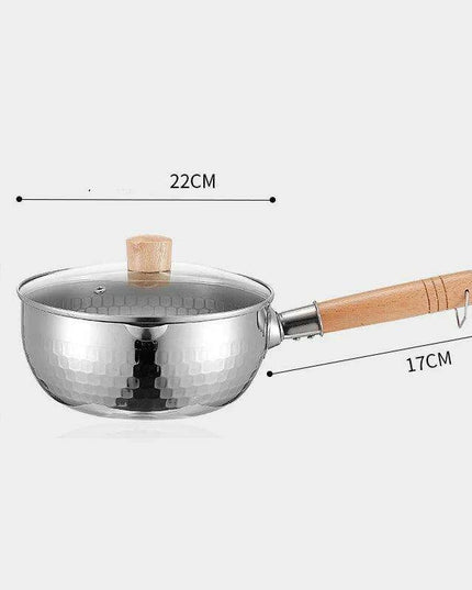 Japanese Stainless Steel Snow Pan with Ergonomic Wooden Handle and Lid - Perfect for Stewing, Frying, and Milk Heating