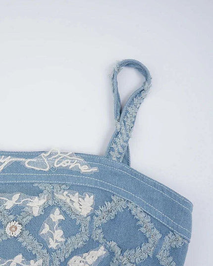 Chic Embroidered Denim Evening Gown with Diamond Detailing - Summer 2024 Edition