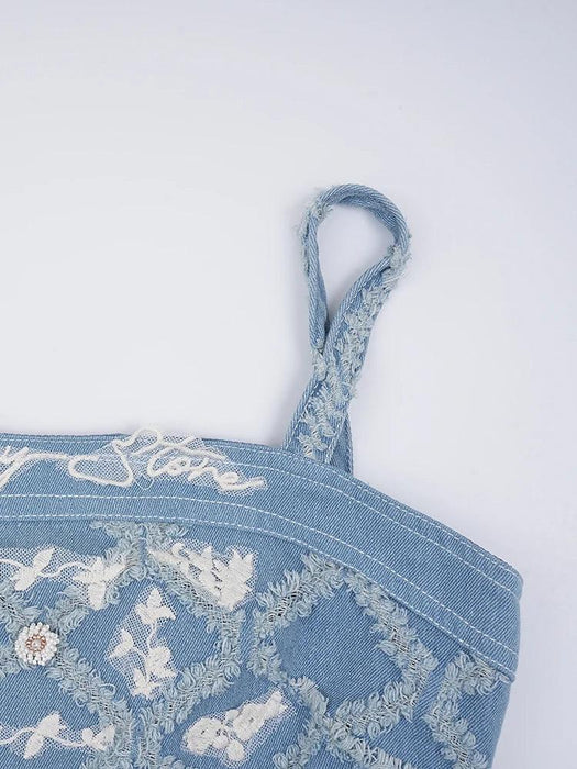 Chic Embroidered Denim Evening Gown with Diamond Detailing - Summer 2024 Edition