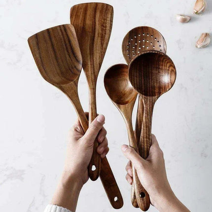 Eco-Conscious 7-Piece Teak Wood Kitchen Utensil Set - Stylish Cooking Essentials