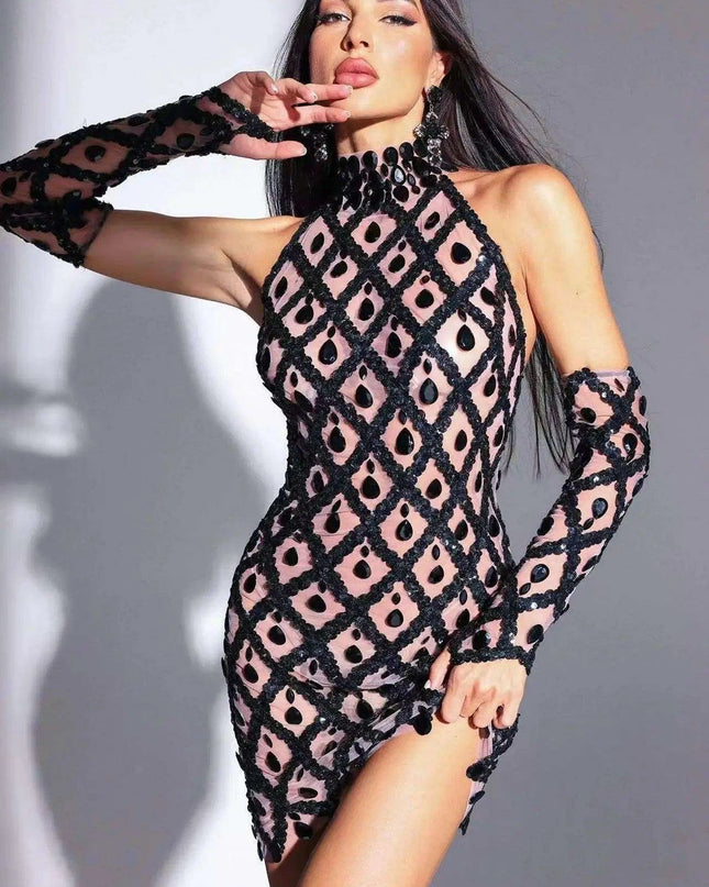 Glamorous Black Rhinestone-Embellished Halter Bodycon Mini Dress for Elegant Night Out