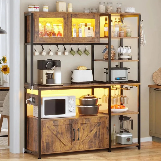 Farmhouse Coffee Bar Cabinet with RGB Lighting & Power Outlets