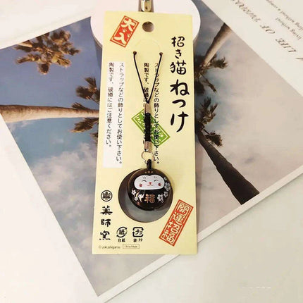 Lucky Cat Keychain with Prosperity Bells - Japanese Charm for Wealth and Good Fortune