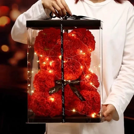 25cm Teddy Rose Flower Bear — Eternal Flower Gift with Box & Warm Lights