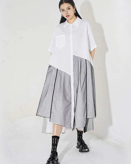 Trendy Plus Size White Mesh Shirt Dress with Irregular Splicing – Short Sleeve Fashion for Spring/Summer 2024