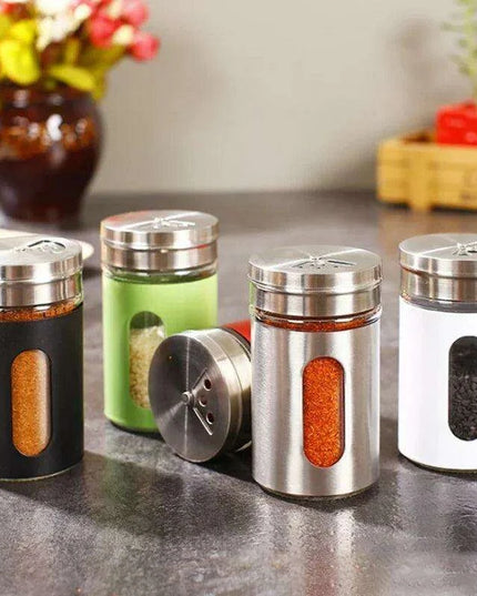 Stylish Rotating Glass Spice Dispenser Set with Stainless Steel Lids - Trio of Seasoning Jars