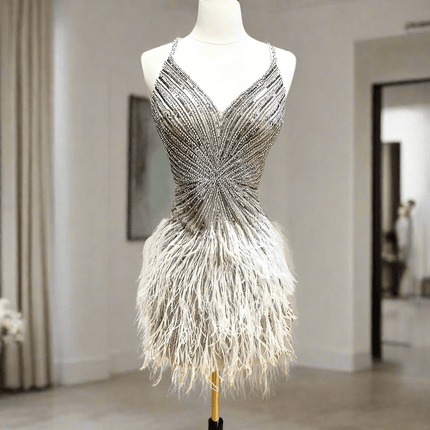 Elegant Custom Fit Backless Feathered Mini Dress for Cocktail Occasions