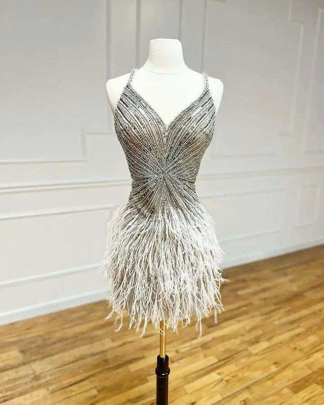 Elegant Custom Fit Backless Feathered Mini Dress for Cocktail Occasions