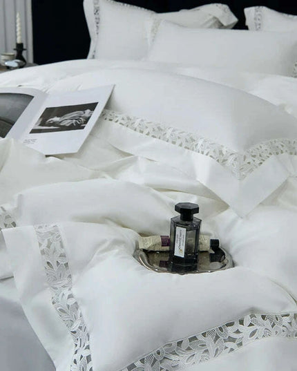 Exquisite 1200TC Egyptian Cotton Luxury Bedding Collection with Elegant Hollow Lace Trim, Duvet Cover, Flat & Fitted Sheets, and Pillowcases
