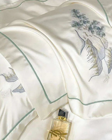 Elegant Chinese Landscape Embroidery Luxury Bedding Set - Silky Duvet Cover, Soft Quilt Cover, Bed Sheet & Pillowcases for 2024