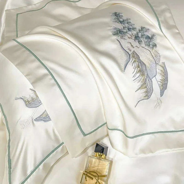 Elegant Chinese Landscape Embroidery Luxury Bedding Set - Silky Duvet Cover, Soft Quilt Cover, Bed Sheet & Pillowcases for 2024