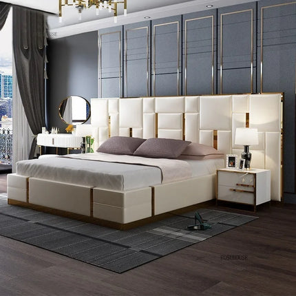 Leather Upholstered King Size Bed with Storage Nightstands — Style A & B